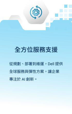全方位服務支援：從規劃、部署到維運，Dell 提供全球服務與彈性方案，讓企業專注於 AI 創新。